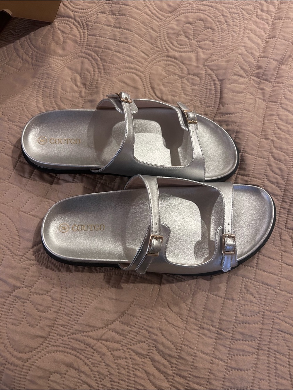 Womens COUTGO Silver Double-Buckle Slide Sandals